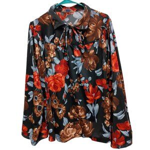VTG 80s Tomorrow's Dream Blouse Top Womens XL Floral BOHO Flare Sleeve Bow Tie